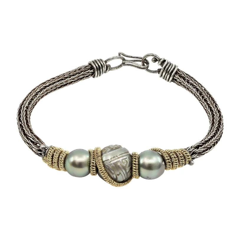 Sterling Silver, 18K Yellow Gold and Tahitian Pearl Knit Bracelet