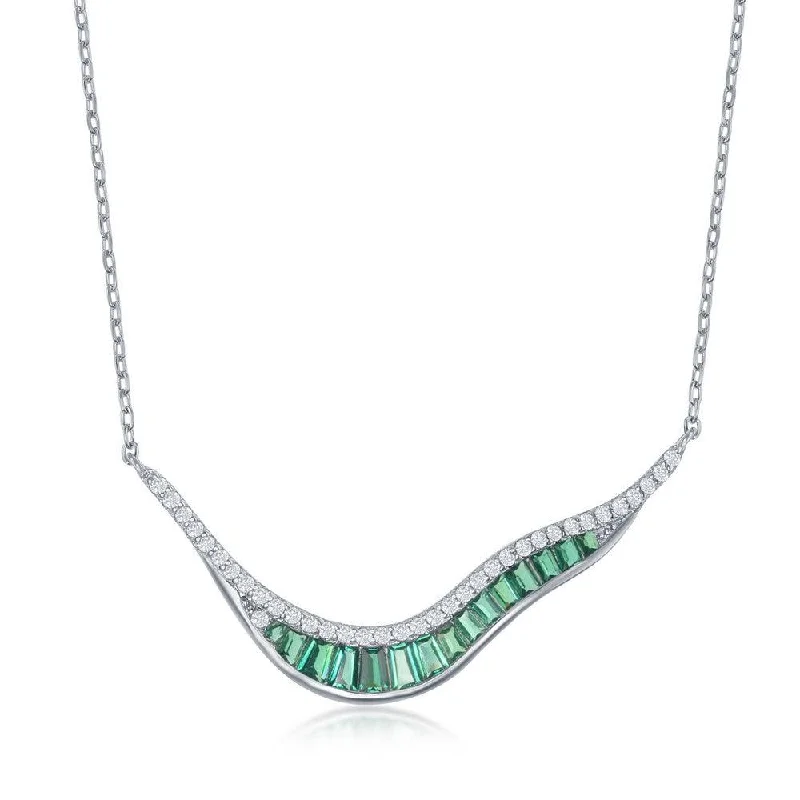 Sterling Silver 'V' Baguette Green Cubic Zirconia Necklace