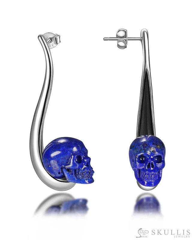 Gem Skull Earrings of Lapis Lazuli Carved Skull in 925 Sterling Silver