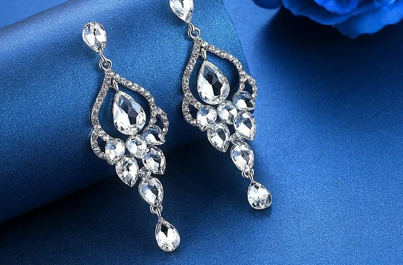 MEC-012 Crystal Pearls Long Drop Earrings Bridal Wedding Jewelry