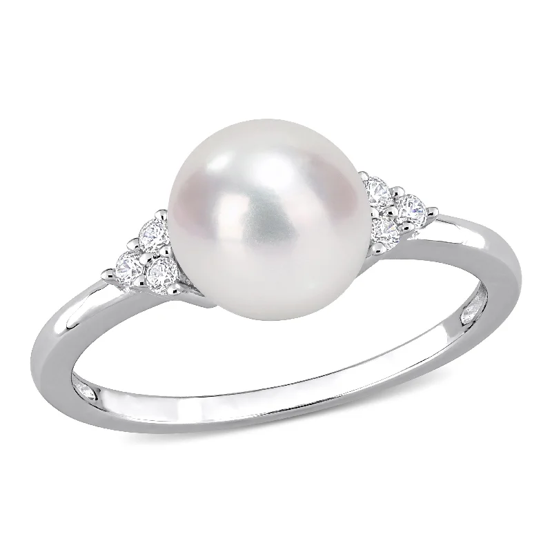 Miadora Sterling Silver Cultured Freshwater Pearl and Cubic Zirconia Ring (7.5-8mm)