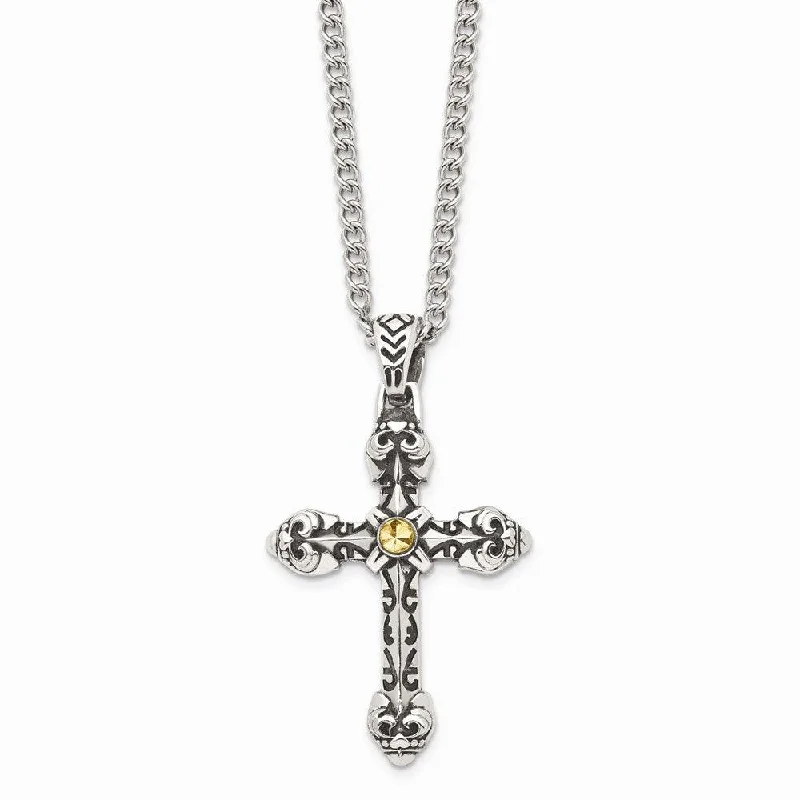 Stainless Steel Antiqued Yellow IP-plated D/C Center Cross Necklace