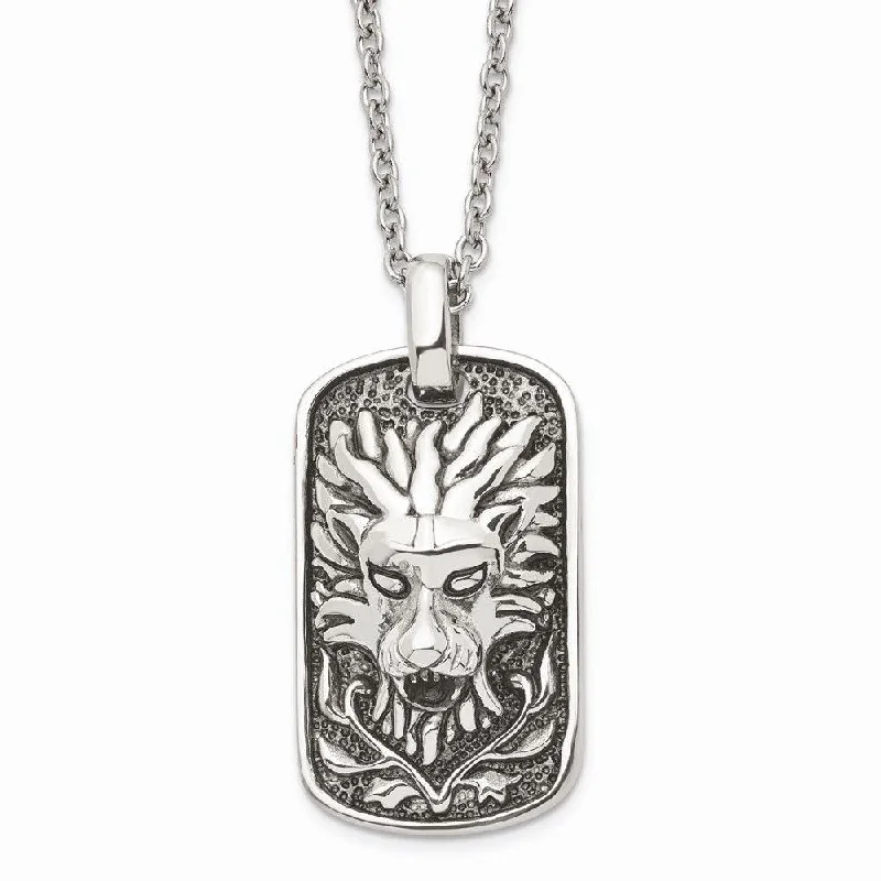 Stainless Steel Polished and Antiqued Lion Dog Tag Necklace