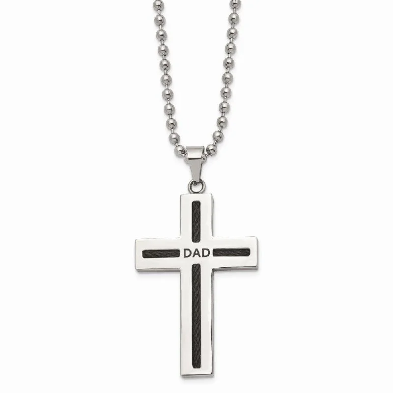 Stainless Steel Polished Black IP Cable Dad Cross Necklace