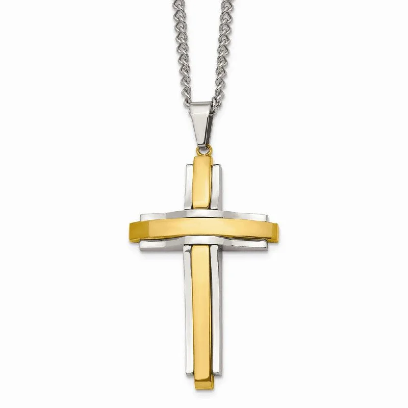 Stainless Steel Polished Yellow IP-plated Cross Necklace