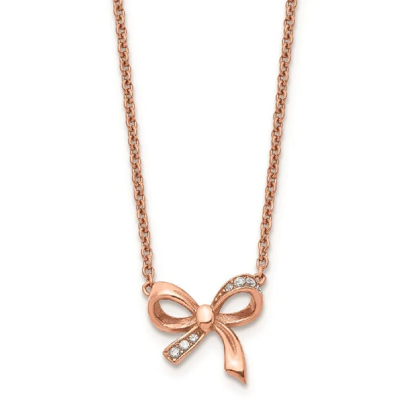 Stainless Steel Polished Pink IP plated CZ Bow with 1.75in ext. Necklace