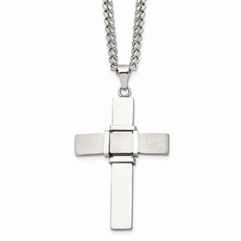 Stainless Steel Polished and Brushed Cross Necklace