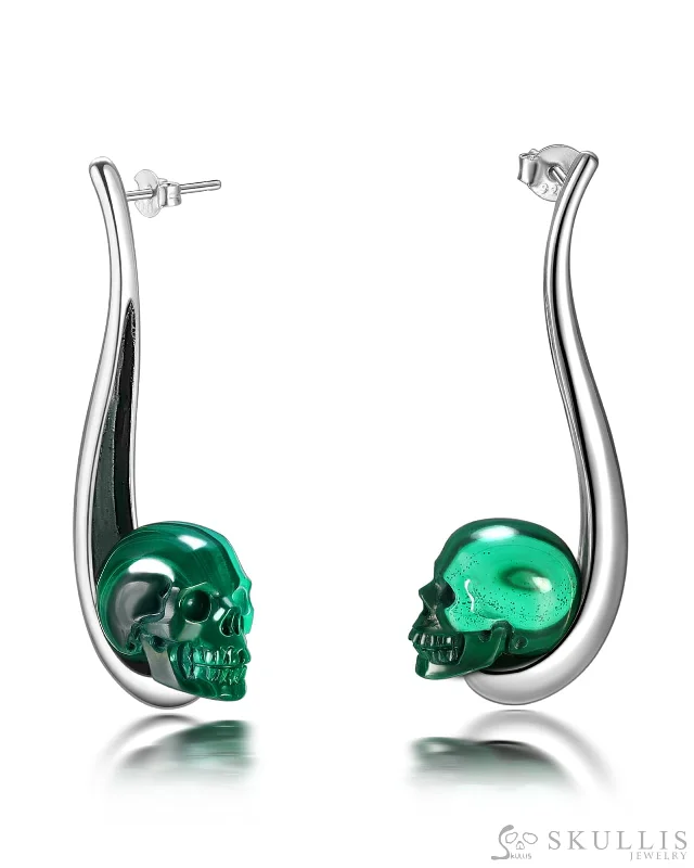 Gem Skull Earrings of Malachite Carved Skull in 925 Sterling Silver