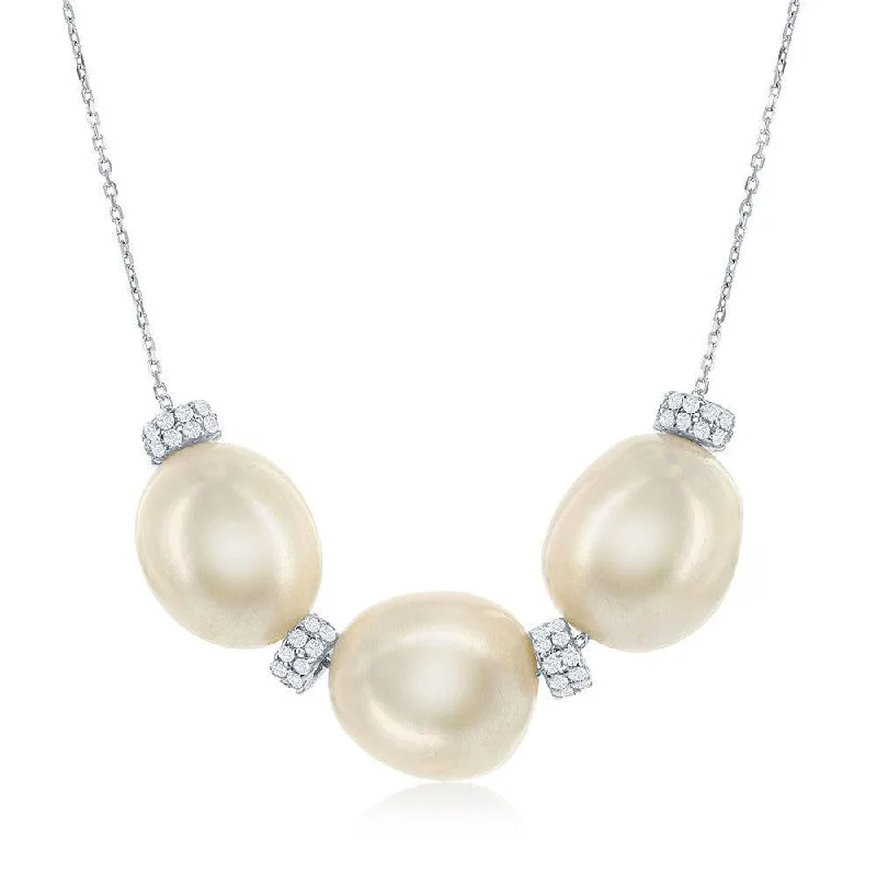 Sterling Silver Three Fresh Water Pearl and CZ Necklace