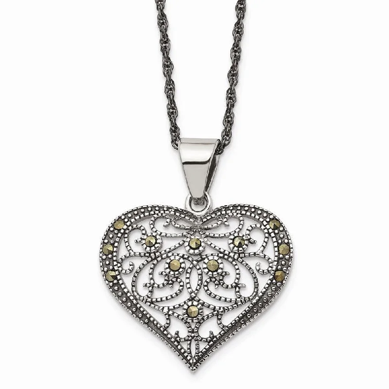 Stainless Steel Marcasite Textured Heart Necklace