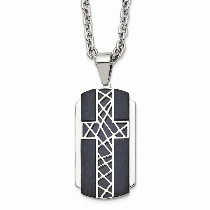 Stainless Steel Brushed and Polished Black IP-plated Cross Necklace