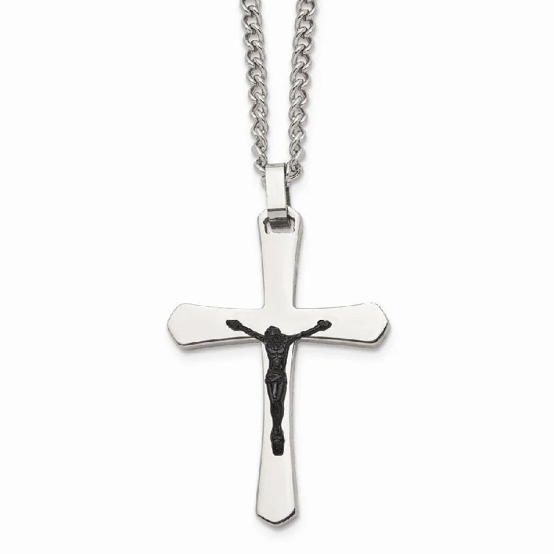 Stainless Steel Polished Cross w/Black IP Jesus Necklace